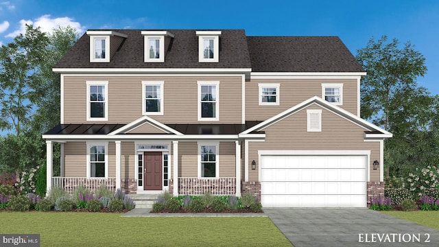 view of front of house with a garage, a front lawn, and covered porch