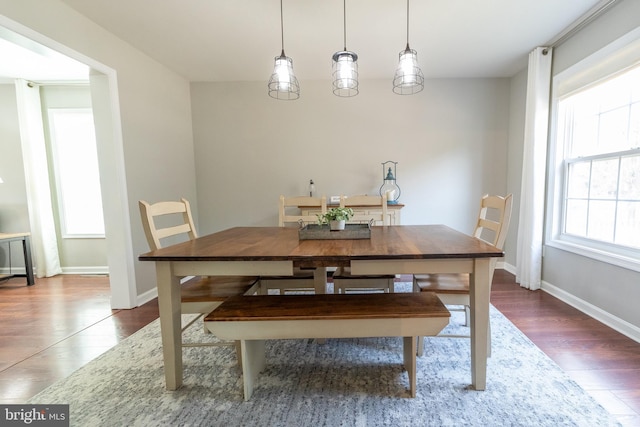 dining area with a healthy amount of sunlight and dark hardwood / wood-style floors