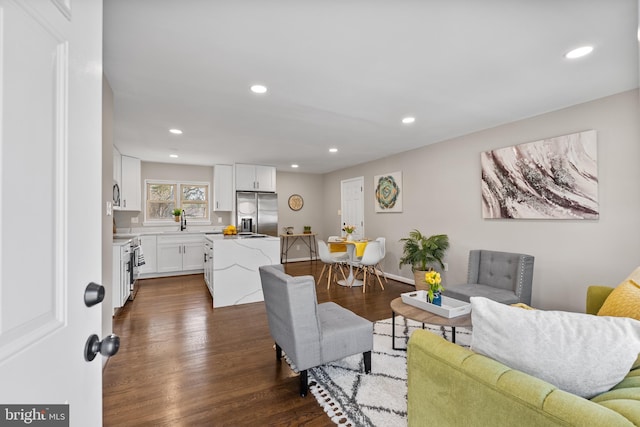 living room with sink and dark wood-type flooring