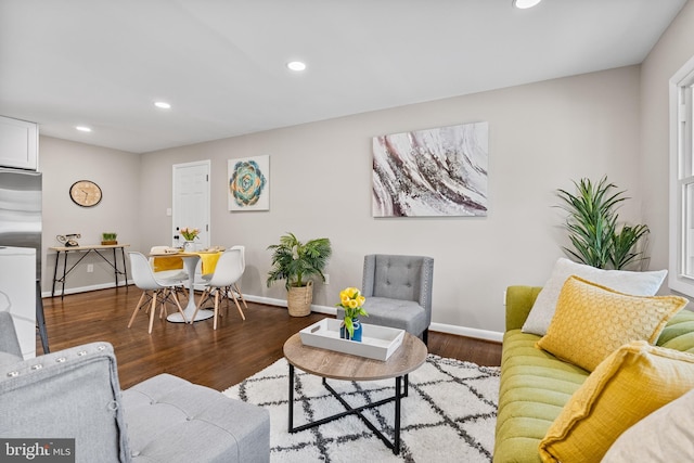 living room with dark hardwood / wood-style floors