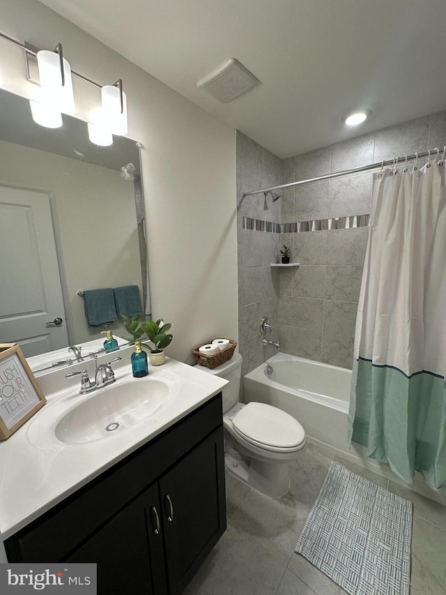 full bathroom featuring shower / bath combination with curtain, vanity, and toilet