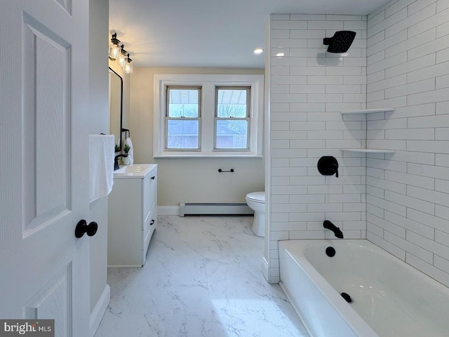 full bathroom with vanity, tiled shower / bath combo, toilet, and baseboard heating