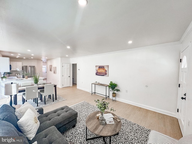 living room with crown molding and light wood-type flooring