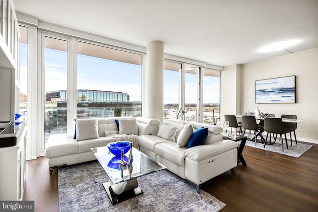 living room with dark wood-type flooring and a water view