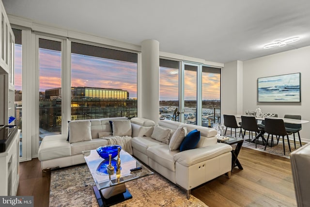 living room with hardwood / wood-style flooring and floor to ceiling windows