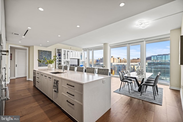 kitchen featuring sink, dark wood-type flooring, a spacious island, and plenty of natural light