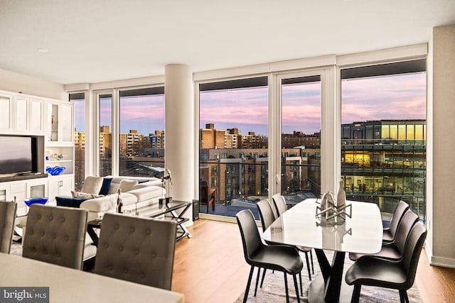 dining area with expansive windows and light wood-type flooring