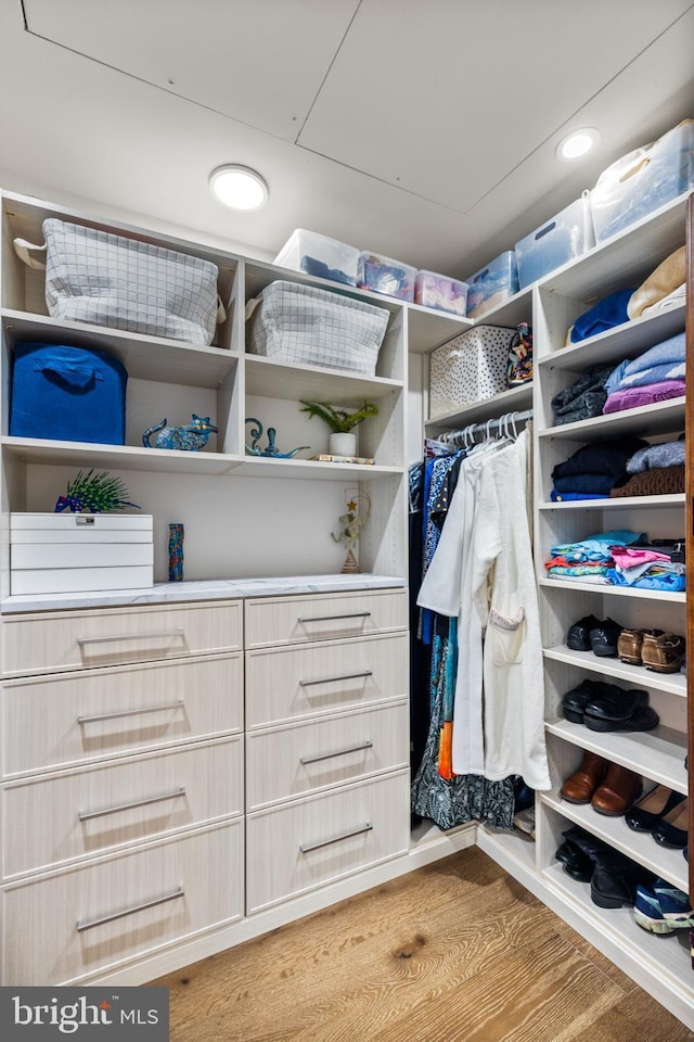 walk in closet with hardwood / wood-style floors