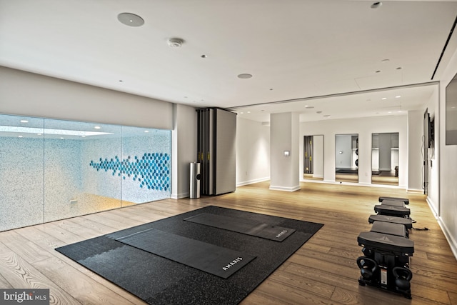 workout area featuring light hardwood / wood-style floors