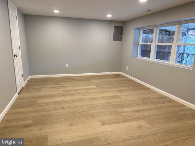 spare room featuring light hardwood / wood-style floors and electric panel