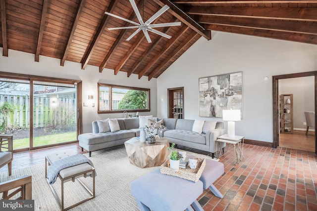 living room featuring ceiling fan, wood ceiling, high vaulted ceiling, and beamed ceiling