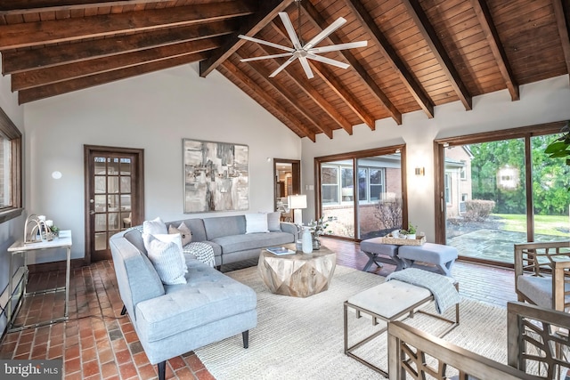 living room featuring beamed ceiling, wooden ceiling, and high vaulted ceiling