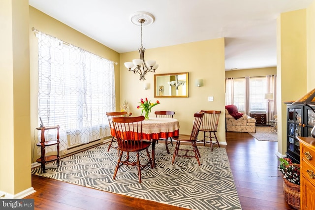 dining area featuring wood-type flooring and a chandelier