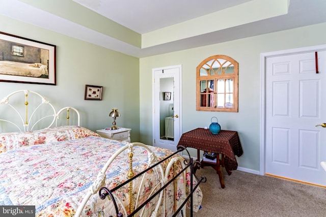 bedroom featuring carpet floors and a tray ceiling