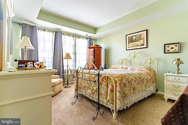 carpeted bedroom with a tray ceiling