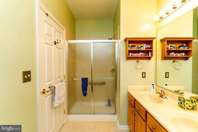 bathroom with tile patterned flooring, vanity, and walk in shower