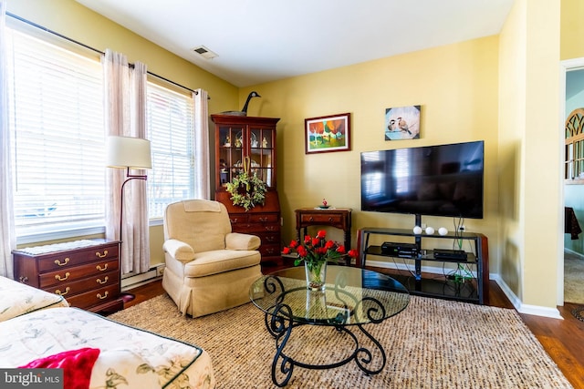 living room with a baseboard radiator and dark hardwood / wood-style flooring