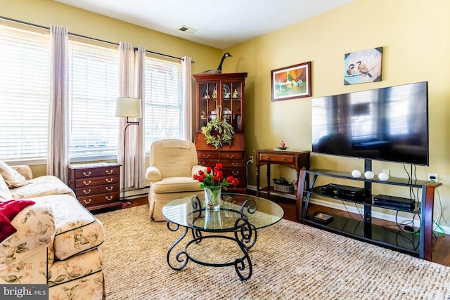 living room with a baseboard heating unit and light hardwood / wood-style floors