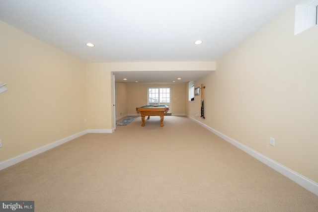 playroom featuring billiards, baseboards, carpet flooring, and recessed lighting