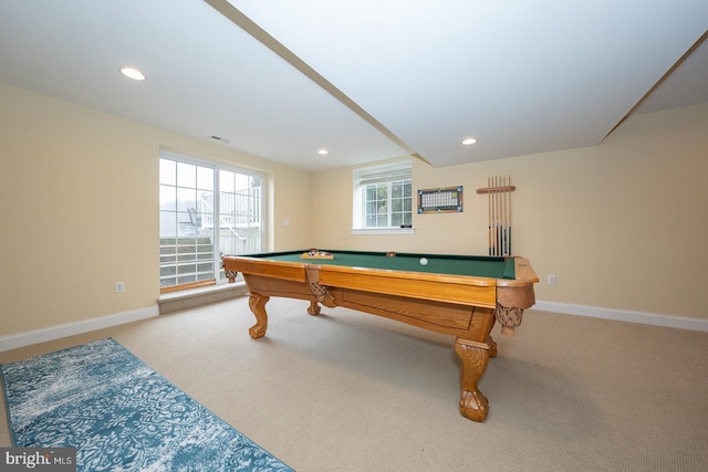 recreation room with carpet floors, recessed lighting, pool table, visible vents, and baseboards