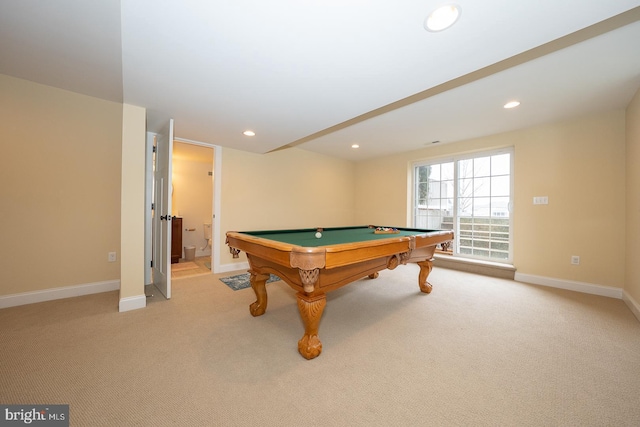 recreation room with light carpet, billiards, baseboards, and recessed lighting