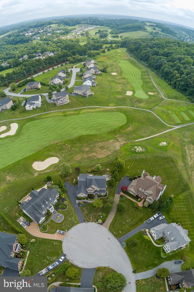 birds eye view of property featuring a residential view and golf course view