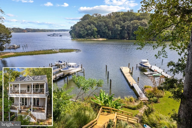 view of dock with a water view