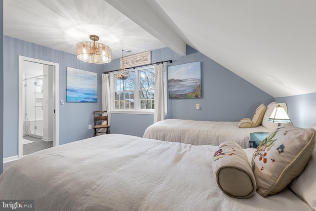 bedroom with vaulted ceiling with beams and connected bathroom