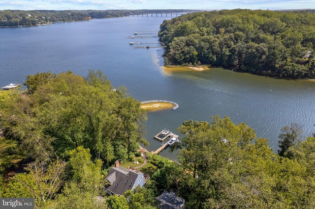 drone / aerial view featuring a water view