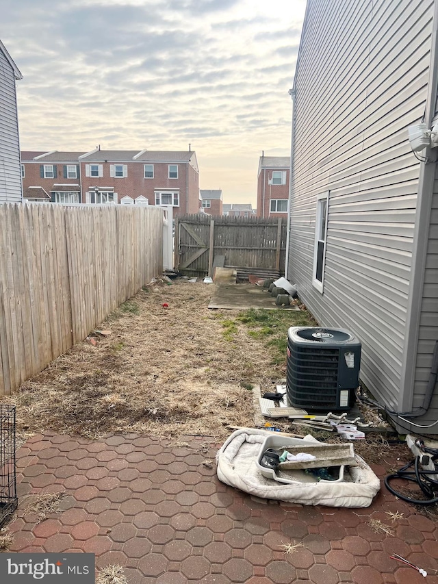 patio terrace at dusk with cooling unit