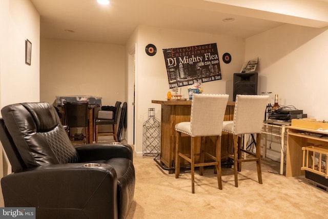 bar featuring light colored carpet