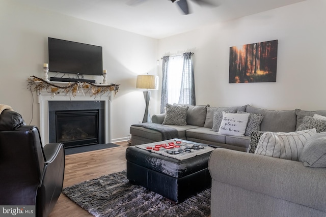 living room with hardwood / wood-style flooring and ceiling fan