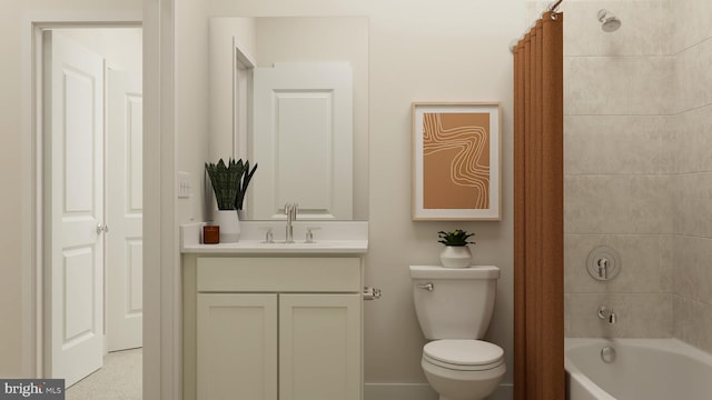 full bathroom featuring shower / bath combination with curtain, vanity, and toilet