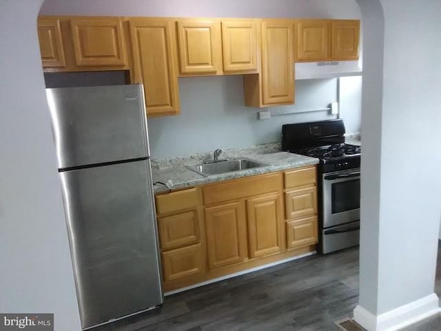 kitchen with sink, dark wood-type flooring, and appliances with stainless steel finishes