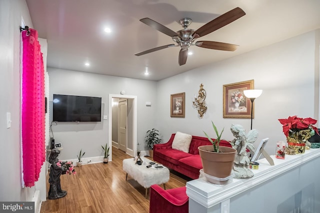 living room featuring ceiling fan and light hardwood / wood-style floors