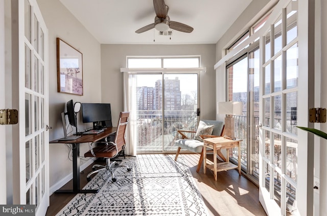 home office with french doors, wood-type flooring, and a wealth of natural light