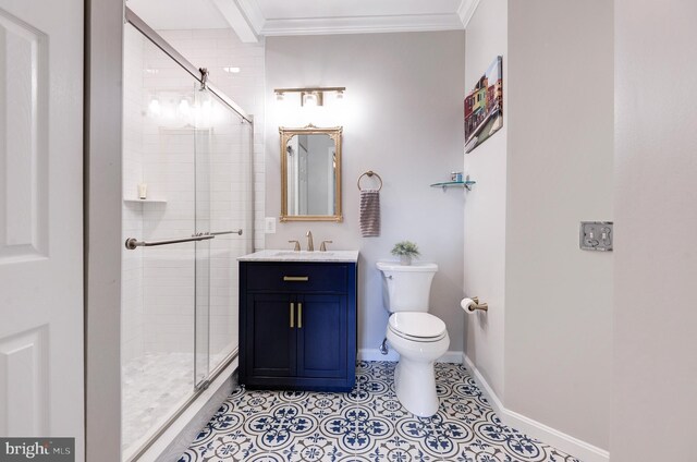 bathroom featuring walk in shower, tile patterned floors, toilet, crown molding, and vanity