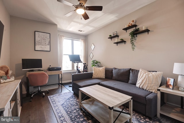 office area featuring dark wood-type flooring and ceiling fan