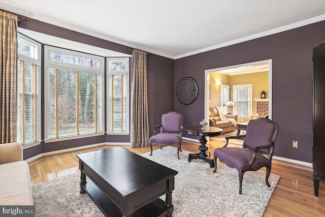 living room featuring wood-type flooring and ornamental molding