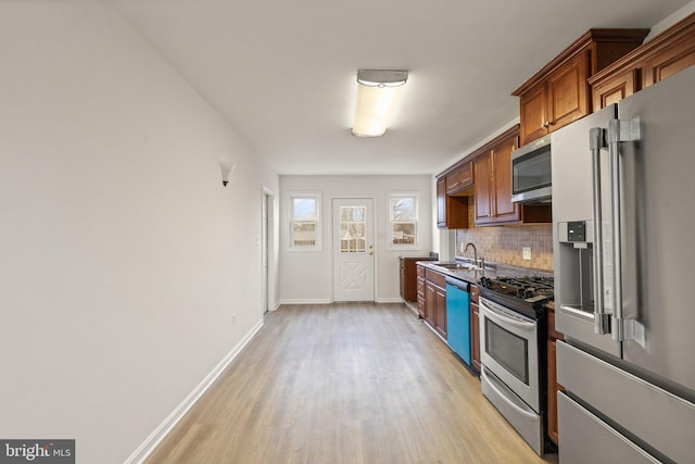 kitchen featuring stainless steel appliances, light wood finished floors, backsplash, and baseboards