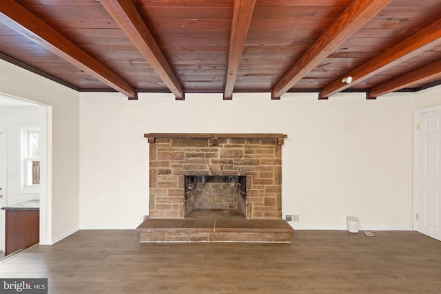 unfurnished living room with wood ceiling, a fireplace, beamed ceiling, and wood finished floors