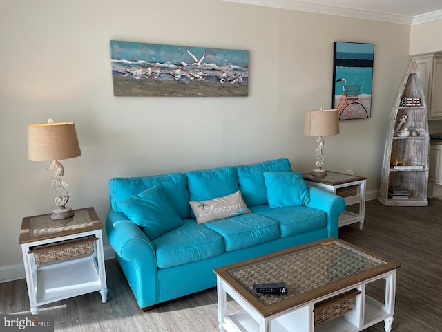 living room with crown molding and hardwood / wood-style flooring