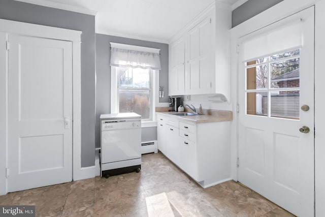 kitchen with a baseboard radiator, sink, white cabinets, ornamental molding, and white dishwasher