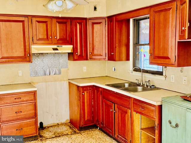 kitchen with sink, tasteful backsplash, and ceiling fan