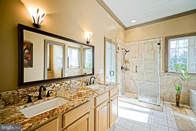 full bathroom with crown molding, a wealth of natural light, and a sink