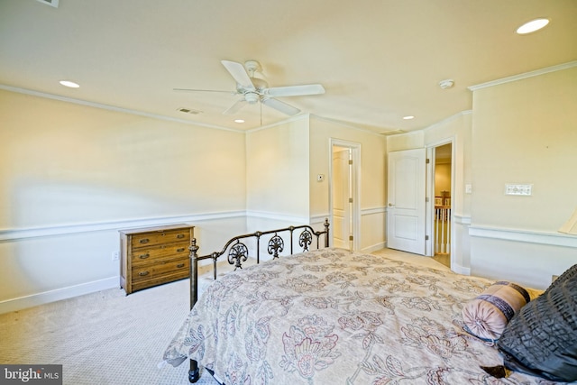 bedroom featuring carpet floors, visible vents, ornamental molding, and recessed lighting