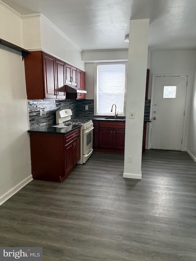 kitchen featuring sink, white range with gas stovetop, backsplash, and dark wood-type flooring