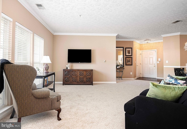 105 Sunshine Ct Unit F, Forest Hill, MD 21050 - carpeted living area with a textured ceiling, baseboards, ornamental molding, and visible vents