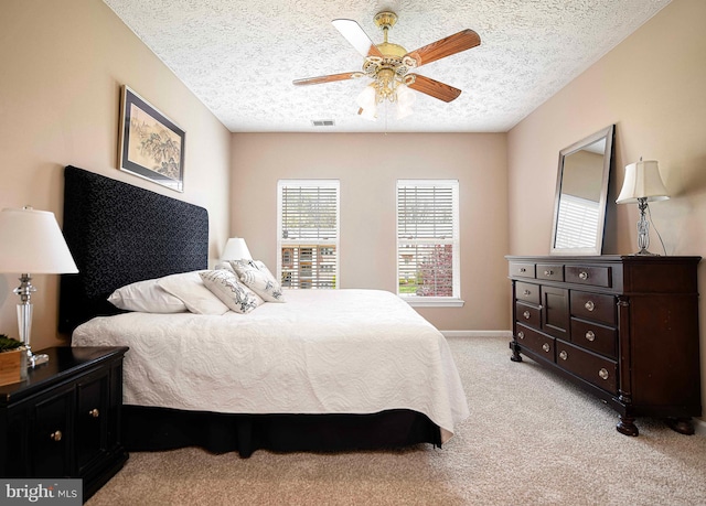 105 Sunshine Ct Unit F, Forest Hill, MD 21050 - bedroom featuring baseboards, light carpet, a textured ceiling, visible vents, and ceiling fan