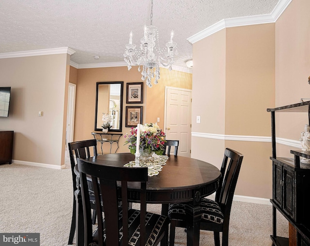 105 Sunshine Ct Unit F, Forest Hill, MD 21050 - dining room with baseboards, ornamental molding, a chandelier, a textured ceiling, and carpet floors